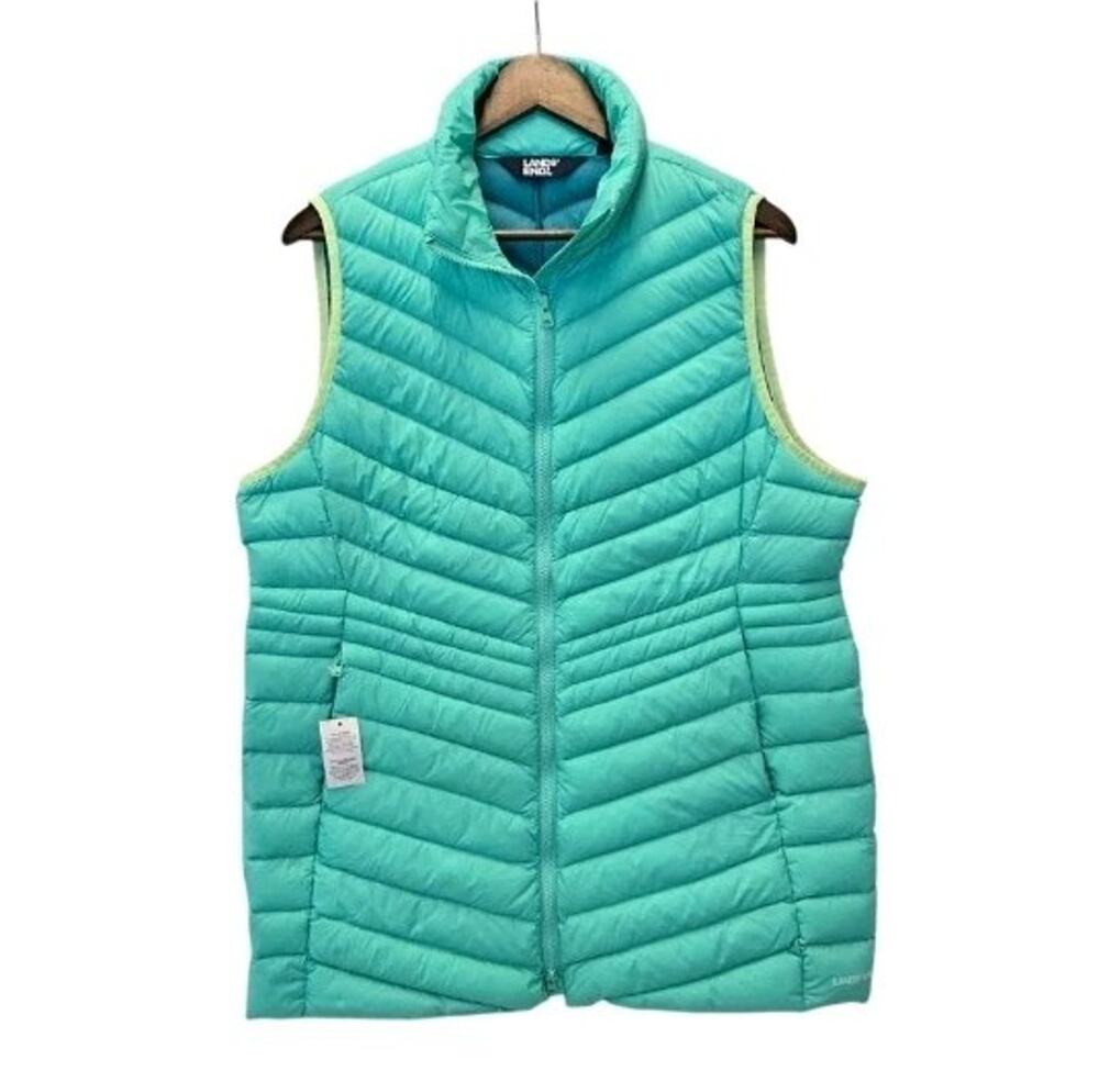 NWT Lands End Womens 800 Down Long Vest Packable Puffer Aqua Mint Green Size L